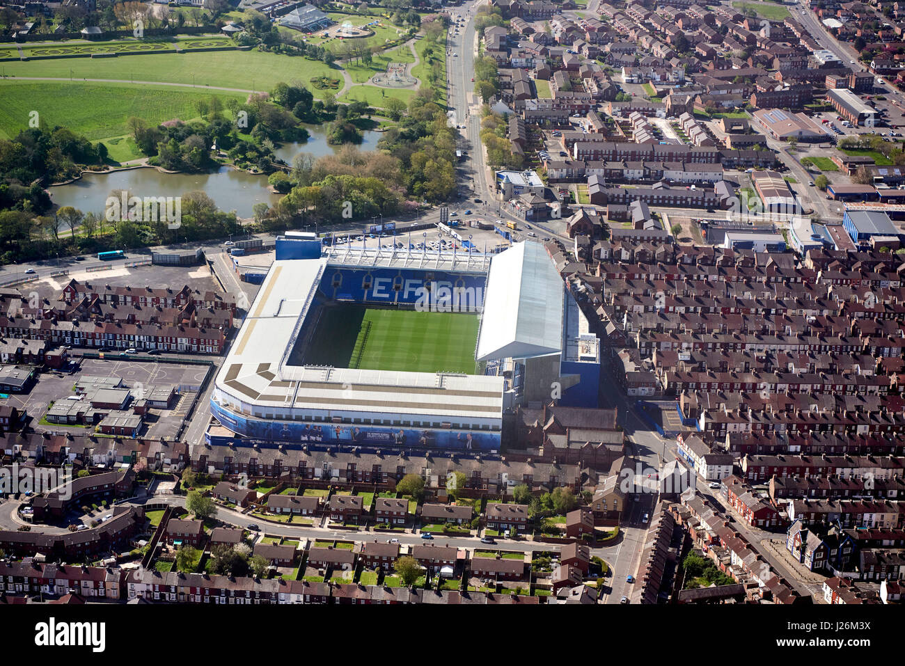 An aerial view of Goodison Park, Liverpool, home of Everton FC, Merseyside, UK Stock Photo