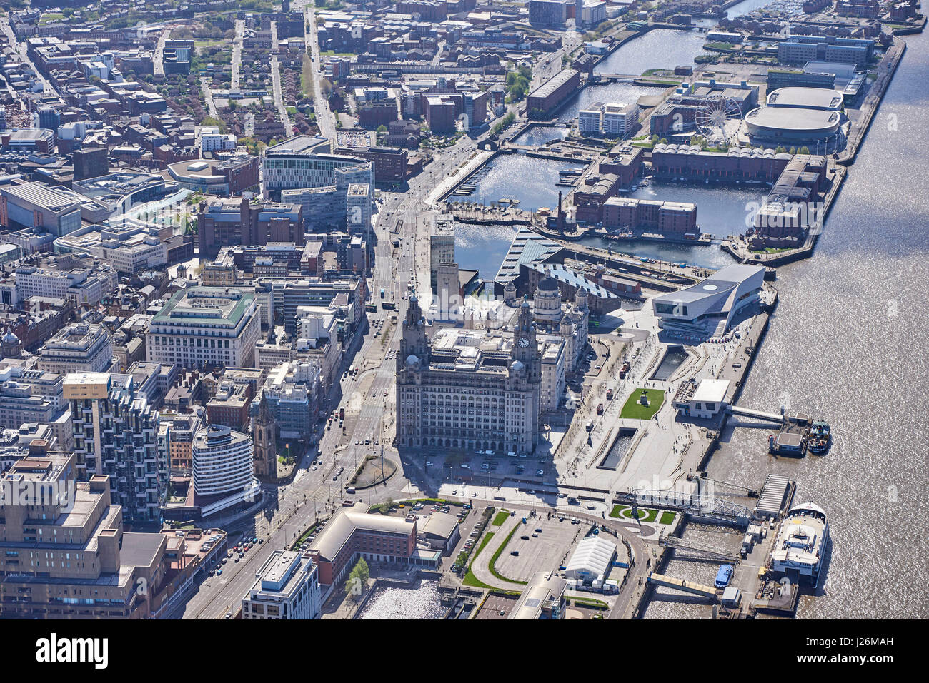 Liverpool Waterfront from the air, Merseyside, North West England, UK Stock Photo
