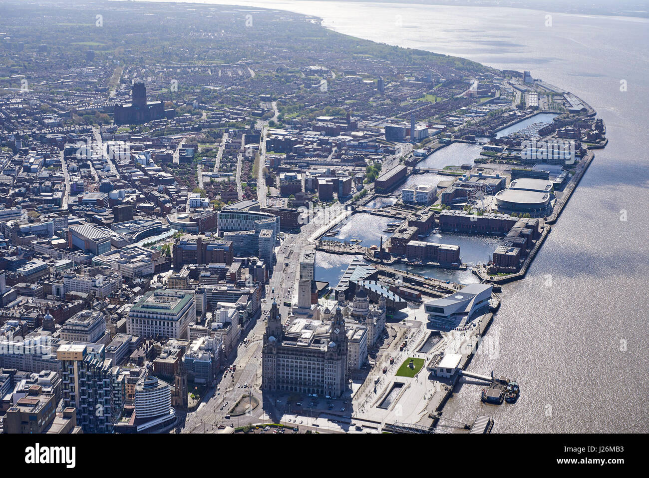 Liverpool Waterfront from the air, Merseyside, North West England, UK Stock Photo