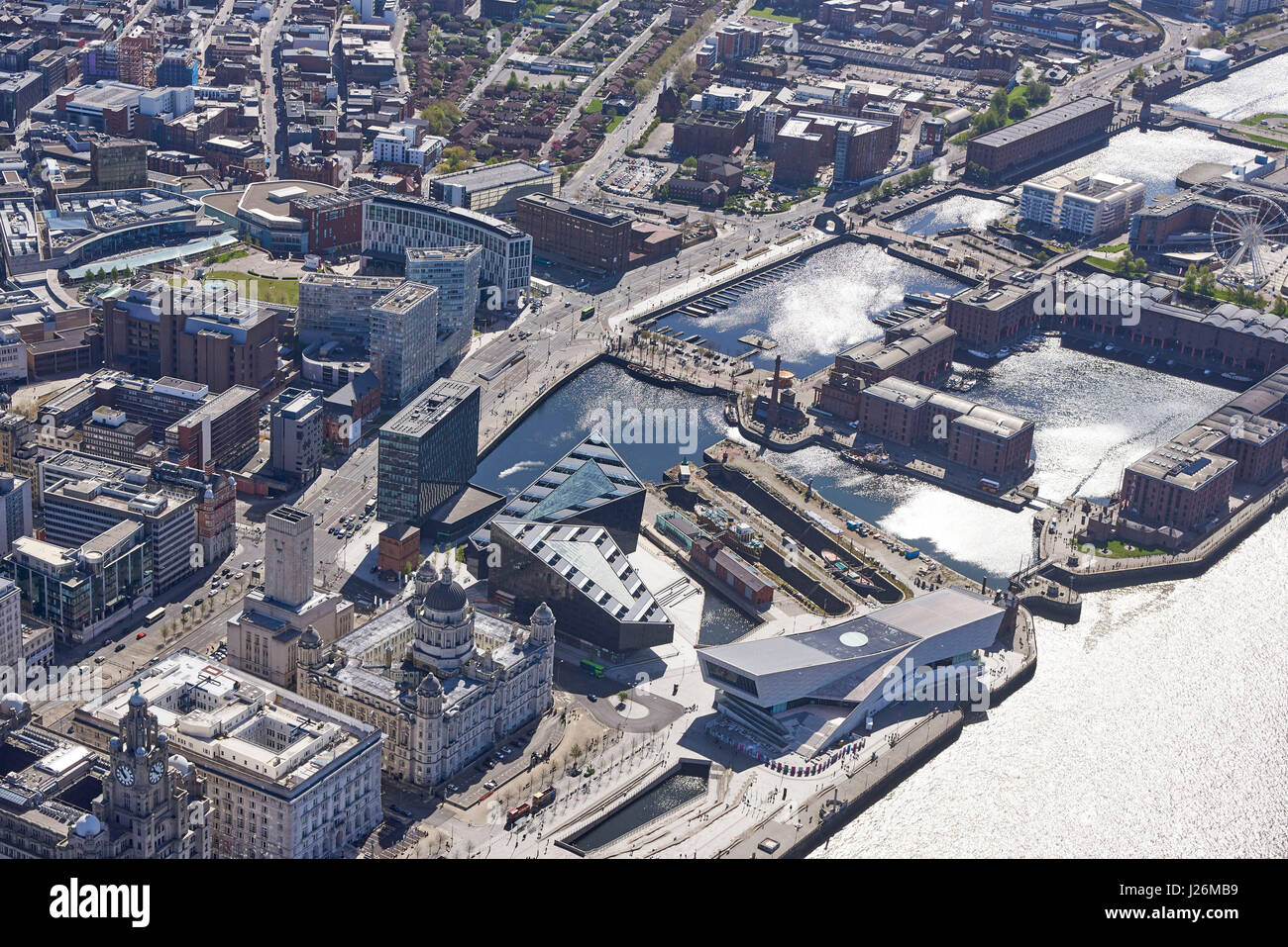 Liverpool Waterfront from the air, Merseyside, North West England, UK Stock Photo
