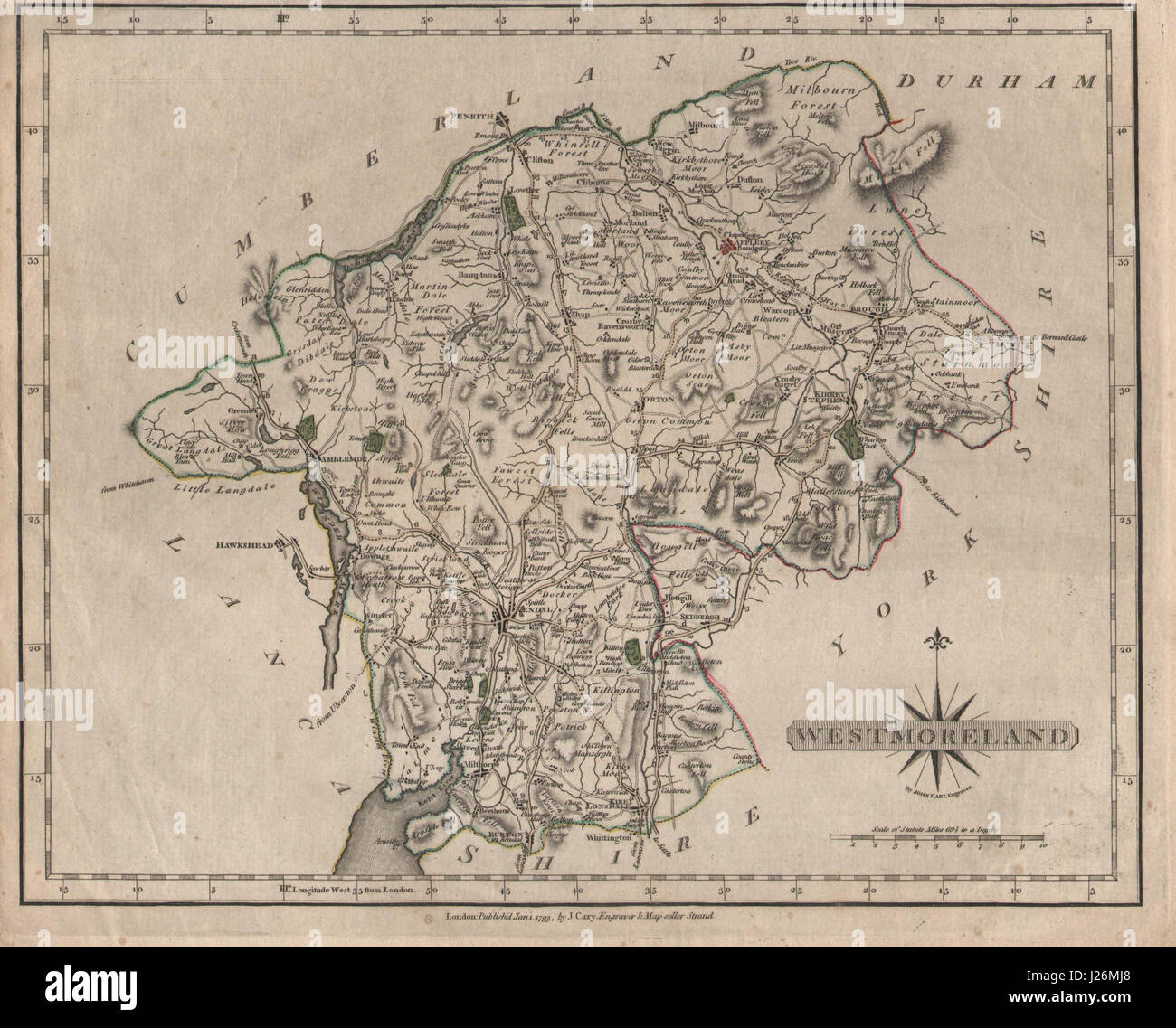 Antique county map of WESTMORELAND by JOHN CARY. Original outline