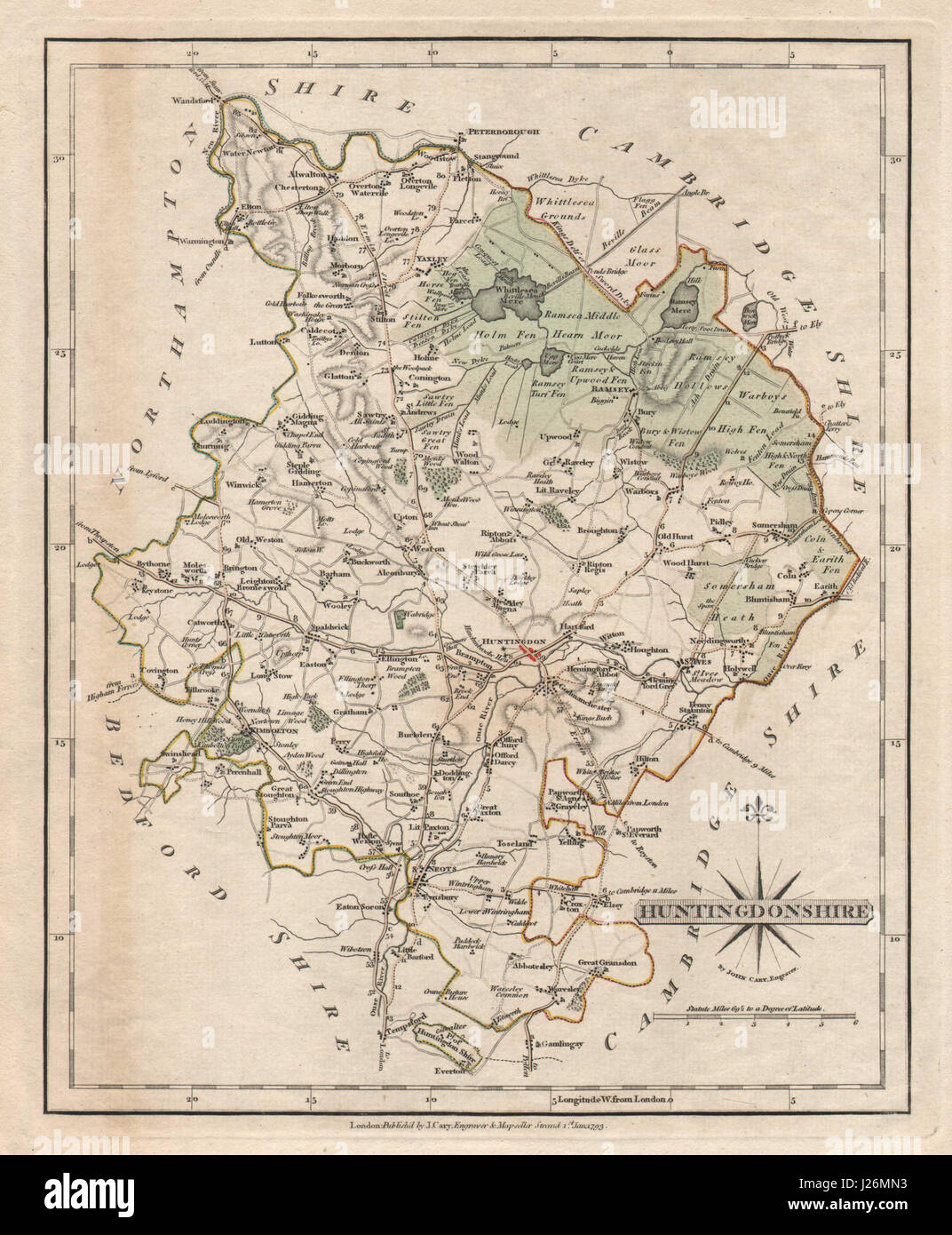 Antique county map of HUNTINGDONSHIRE by JOHN CARY. Fens Moors Yaxley