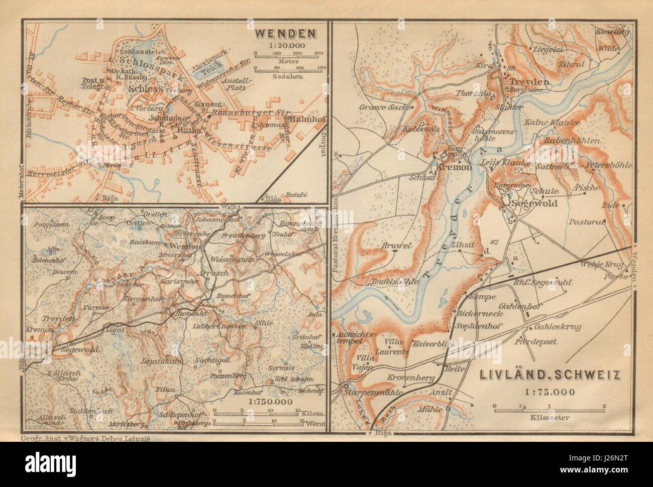 Gauja National Park, Latvia. Cesis/Wenden. Sigulda. BAEDEKER 1912 old map Stock Photo