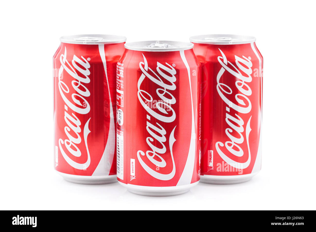 Belgrade, Serbia - October 7, 2014:Three Coca Cola cans isolated on white background. Stock Photo