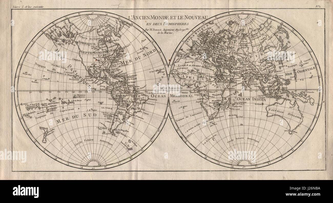 'L'Ancien Monde et le Nouveau en Deux Hemispheres'. World. BONNE 1780 old map Stock Photo