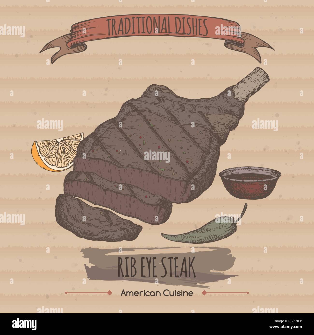 Color vintage grilled rib eye steak template placed on cardboard background. Stock Vector