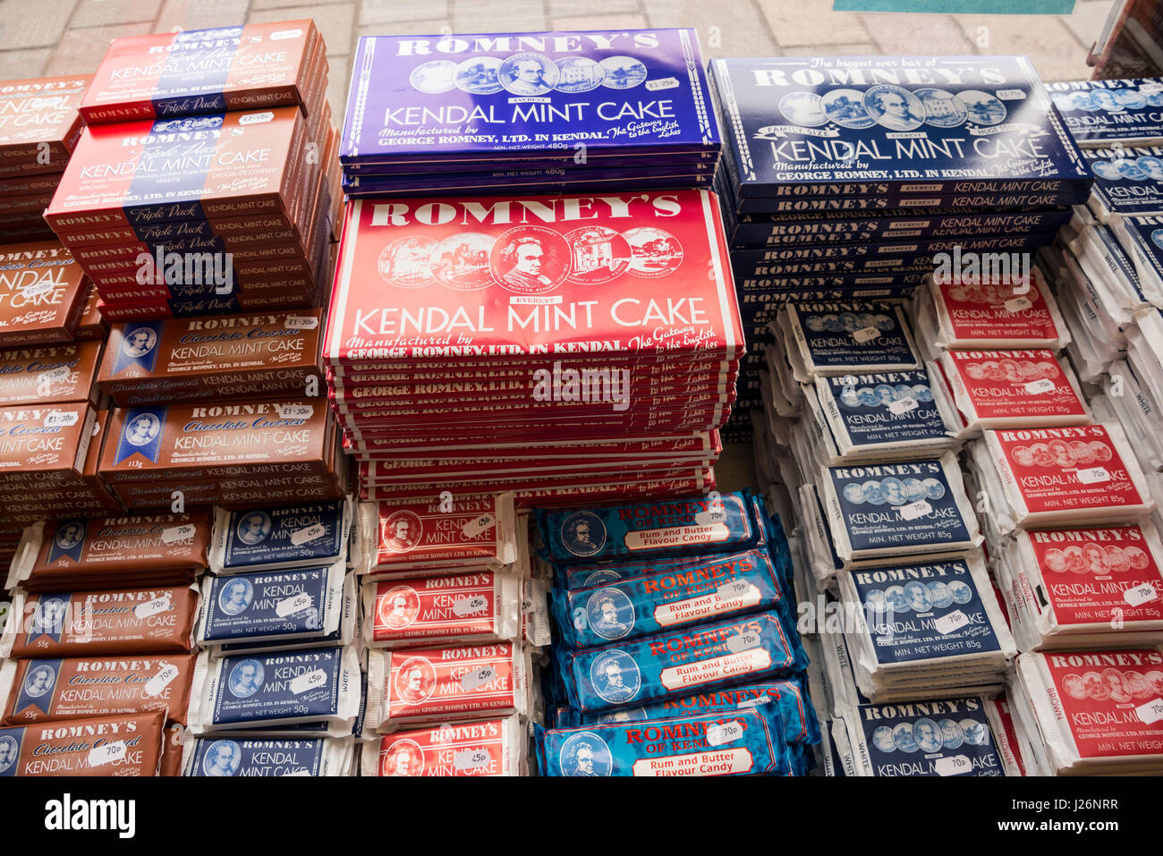 A selection of Kendal Mint Cake on sale in a confectionary shop in the