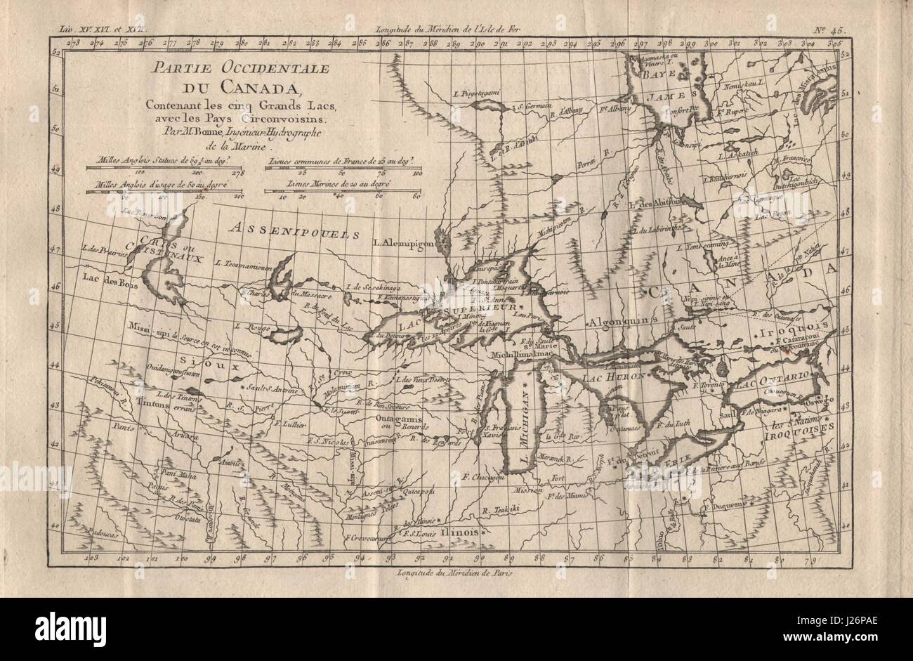 Partie Occidentale du Canada [&] les Cinq Grand Lacs… Great Lakes BONNE 1780 map Stock Photo