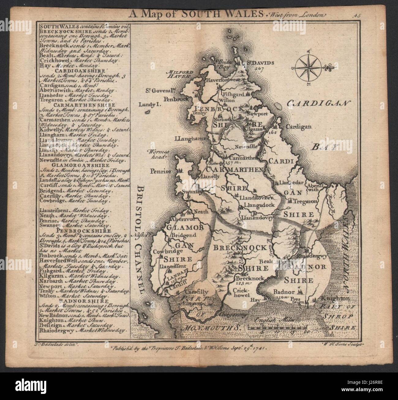 Antique county map of South Wales by Badeslade &amp; Toms. West orientation 1742 Stock Photo - Alamy