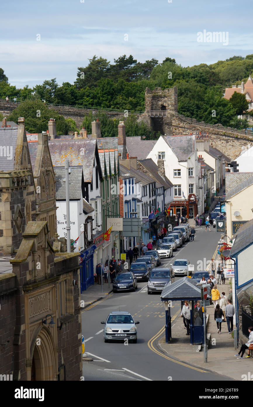 A view along Conwy High Street from the castle Stock Photo