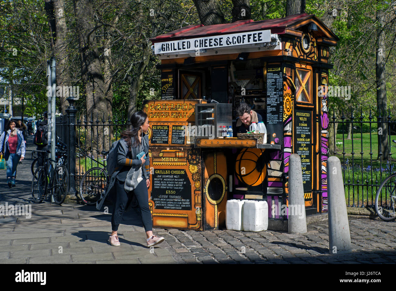 Police box in Edinburgh which has been converted into a Grilled Cheese and Coffee stall. Stock Photo