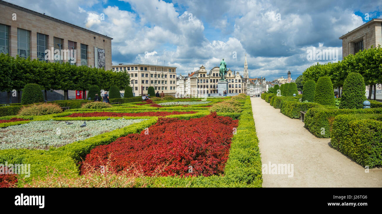 Red, White and Green colored park with Brussels skyline in the background Stock Photo