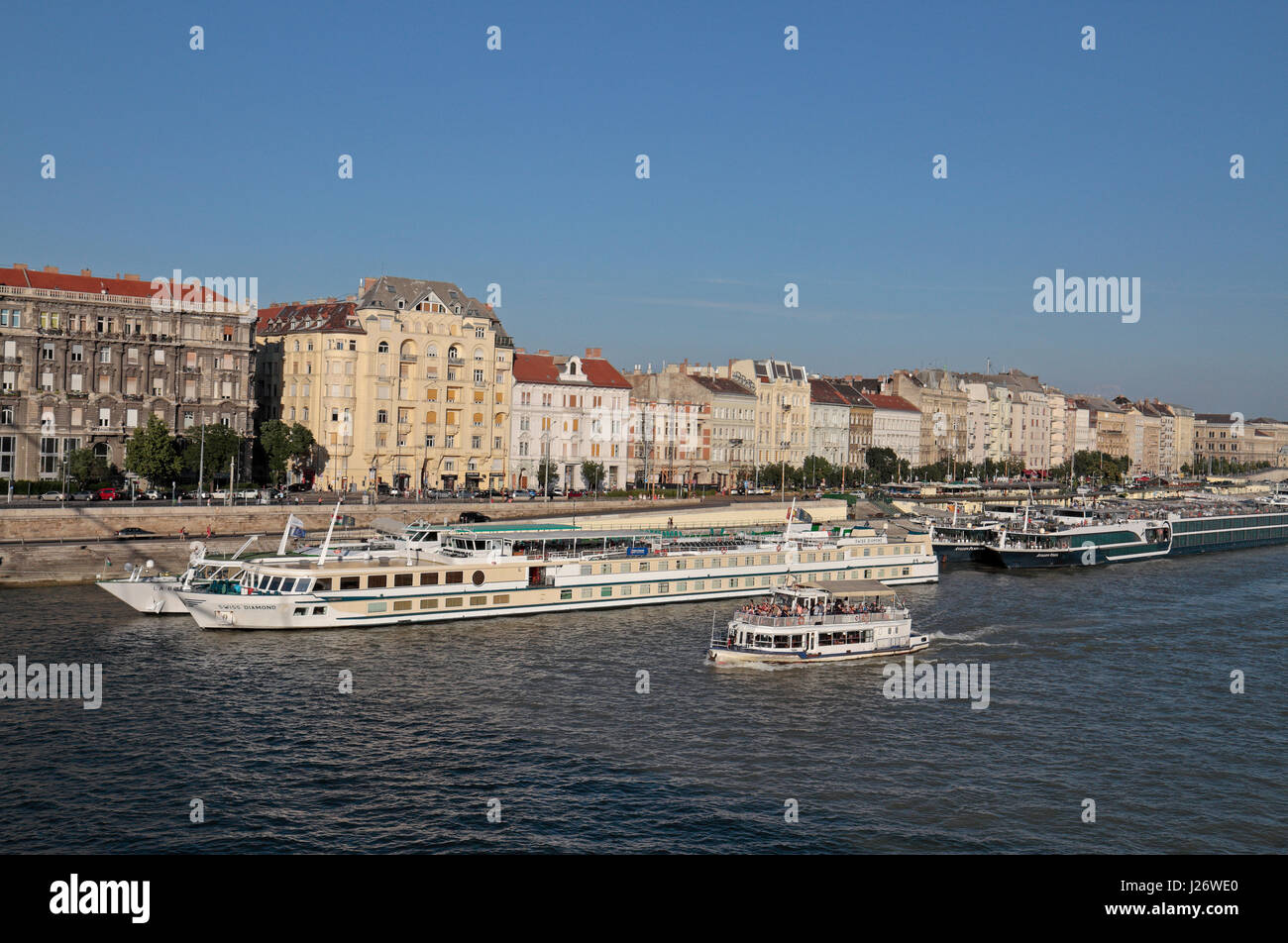 River cruise boats moored on the River Danube in Budapest, Hungary. Stock Photo