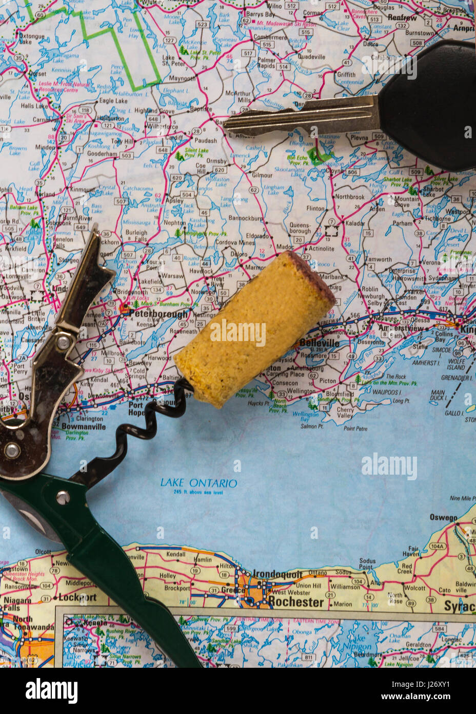 a map of ontario with car key and a cork screw Stock Photo