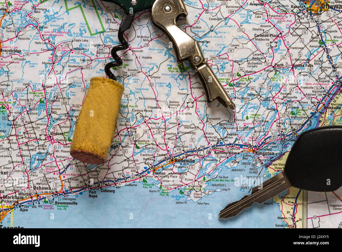 a map of ontario with car key and glass of wine Stock Photo