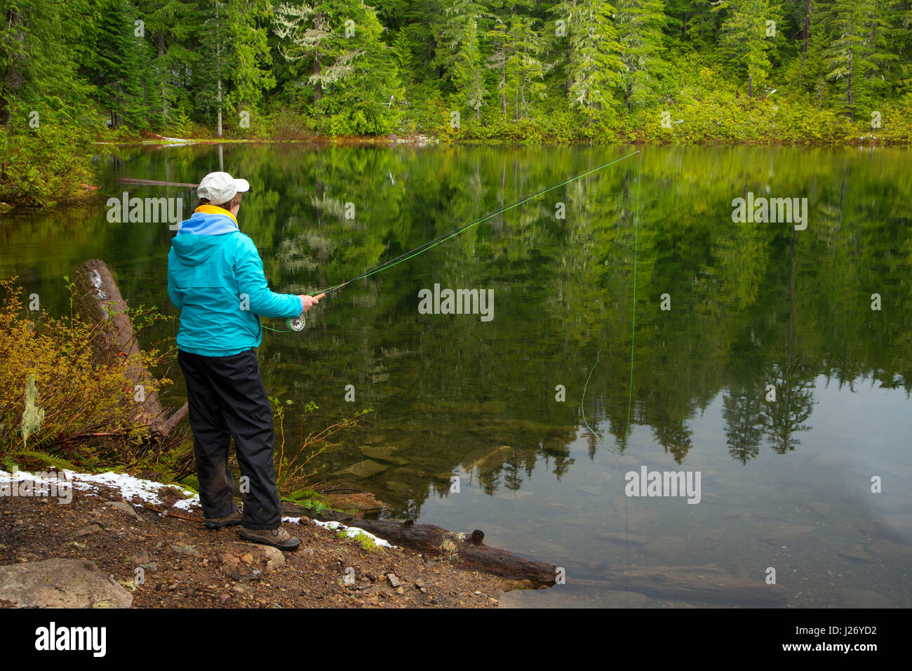 Flyfishing at Elkhorn Lake, Opal Creek Scenic Recreation Area, Willamette National Forest, Oregon Stock Photo