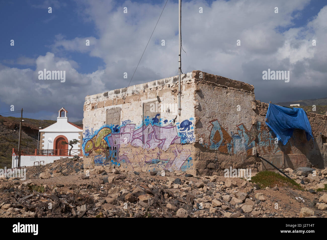 Derelict building with graffiti at El Puertito, Tenerife, Canary Islands, Spain. Stock Photo