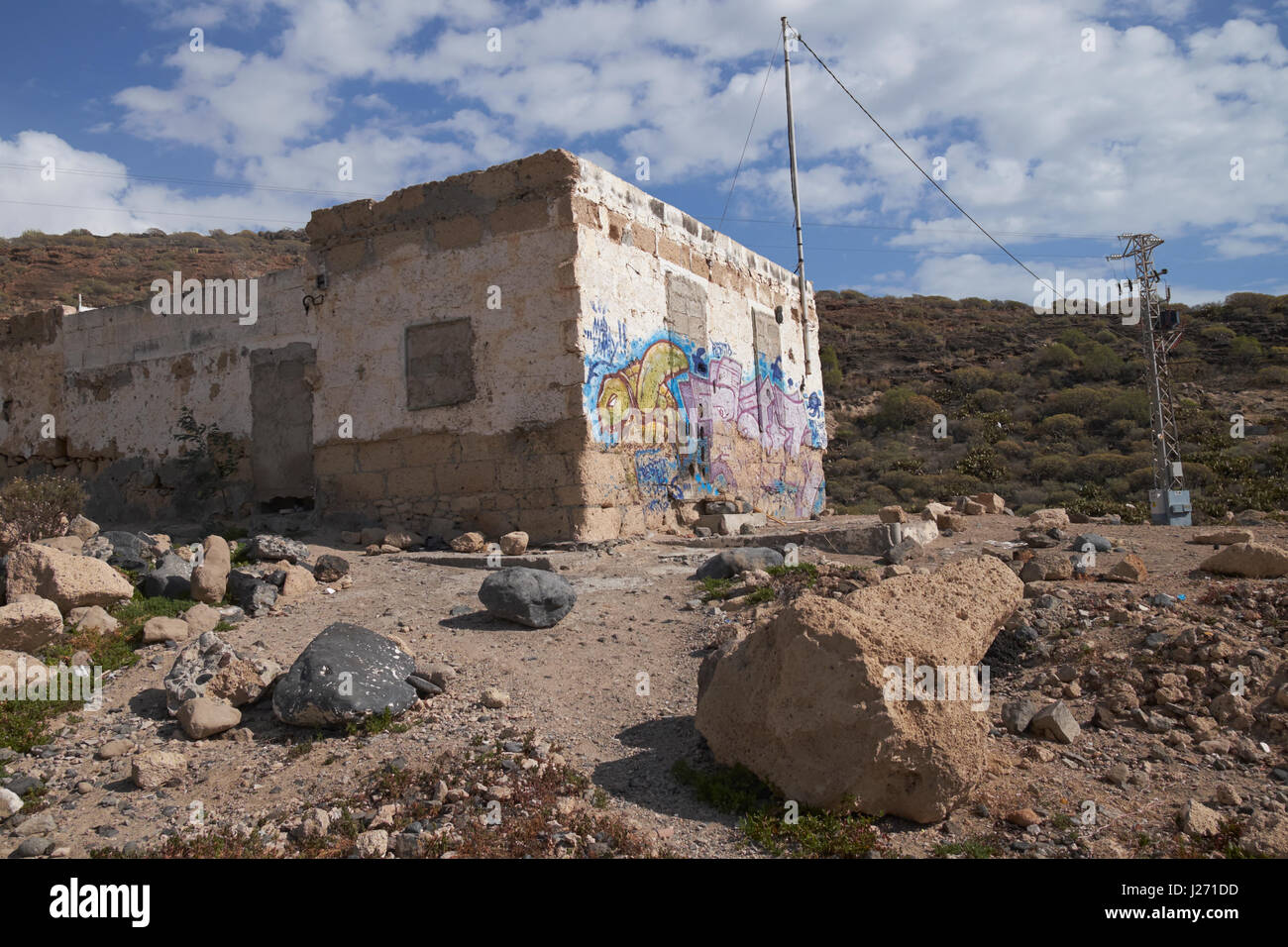 Derelict building with graffiti at El Puertito, Tenerife, Canary Islands, Spain. Stock Photo