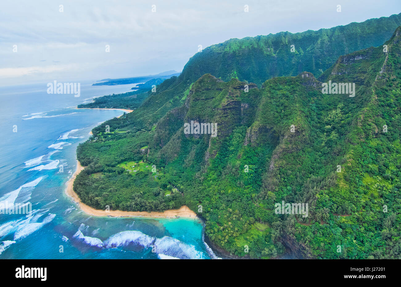 Kauai Hawaii aerial from helicopter of the breath-taking Na Poai Coast shore from above Stock Photo