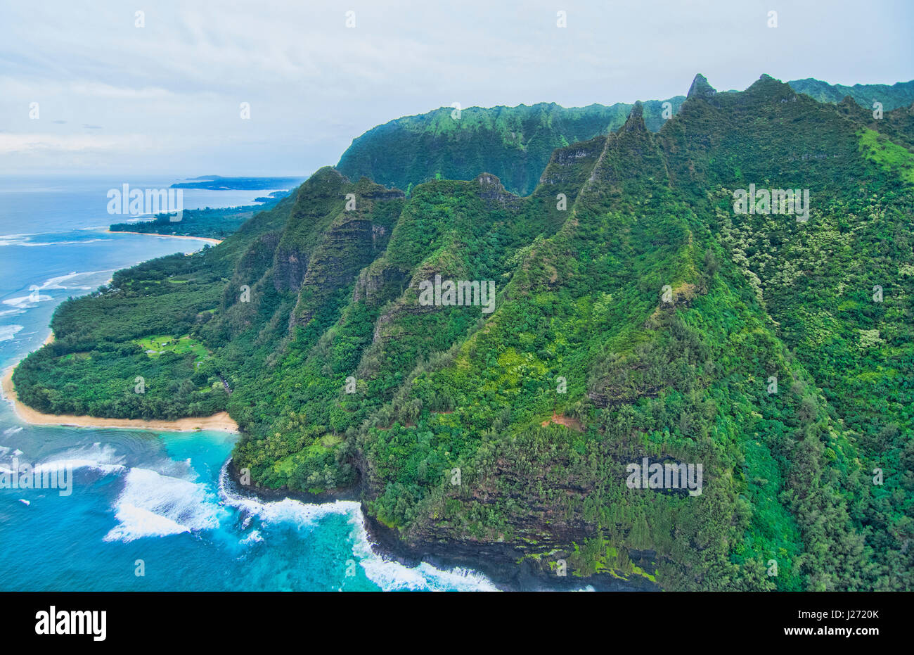 Kauai Hawaii aerial from helicopter of the breath-taking Na Poai Coast shore from above Stock Photo
