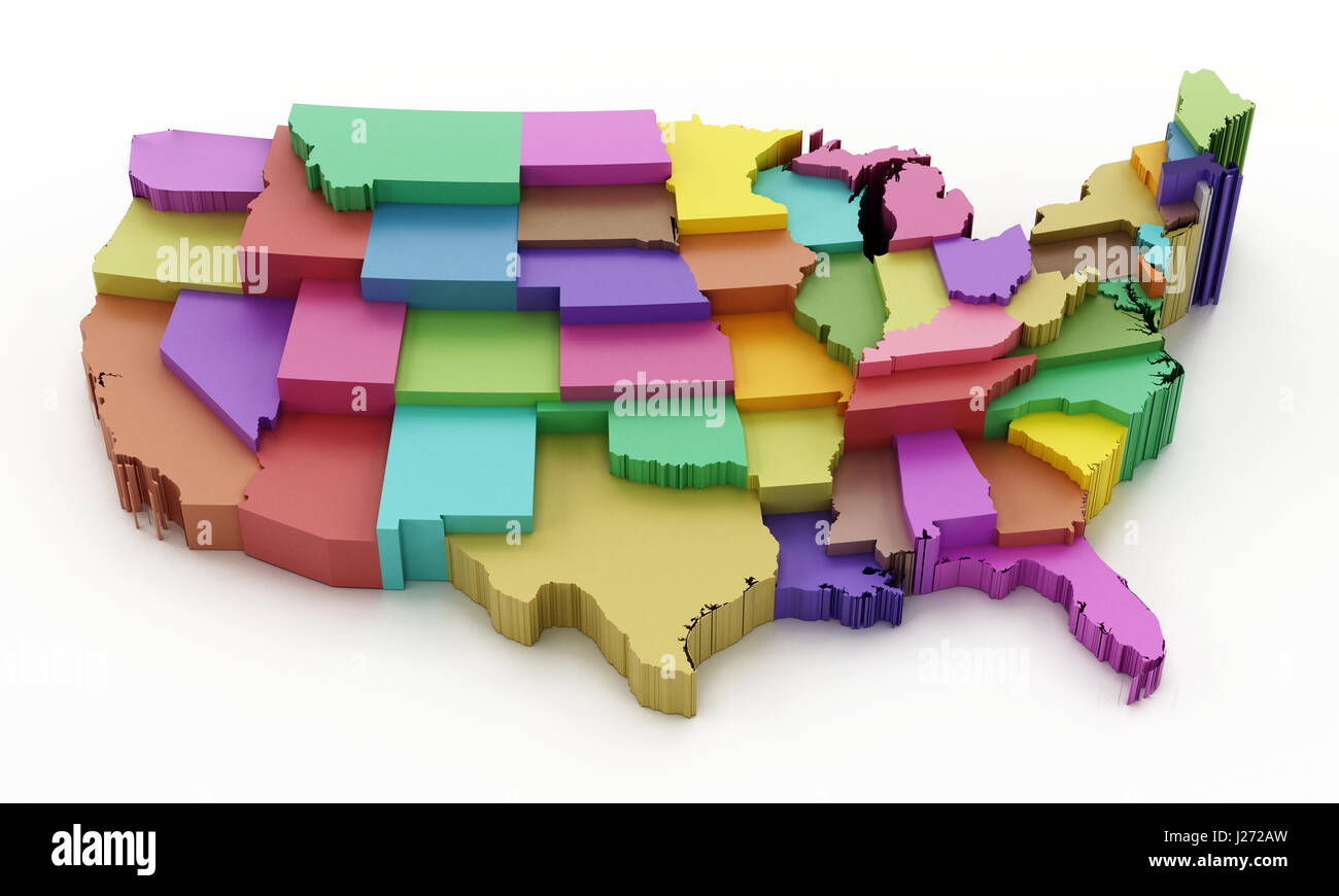 Multi colored USA map showing state borders. 3D illustration. Stock Photo
