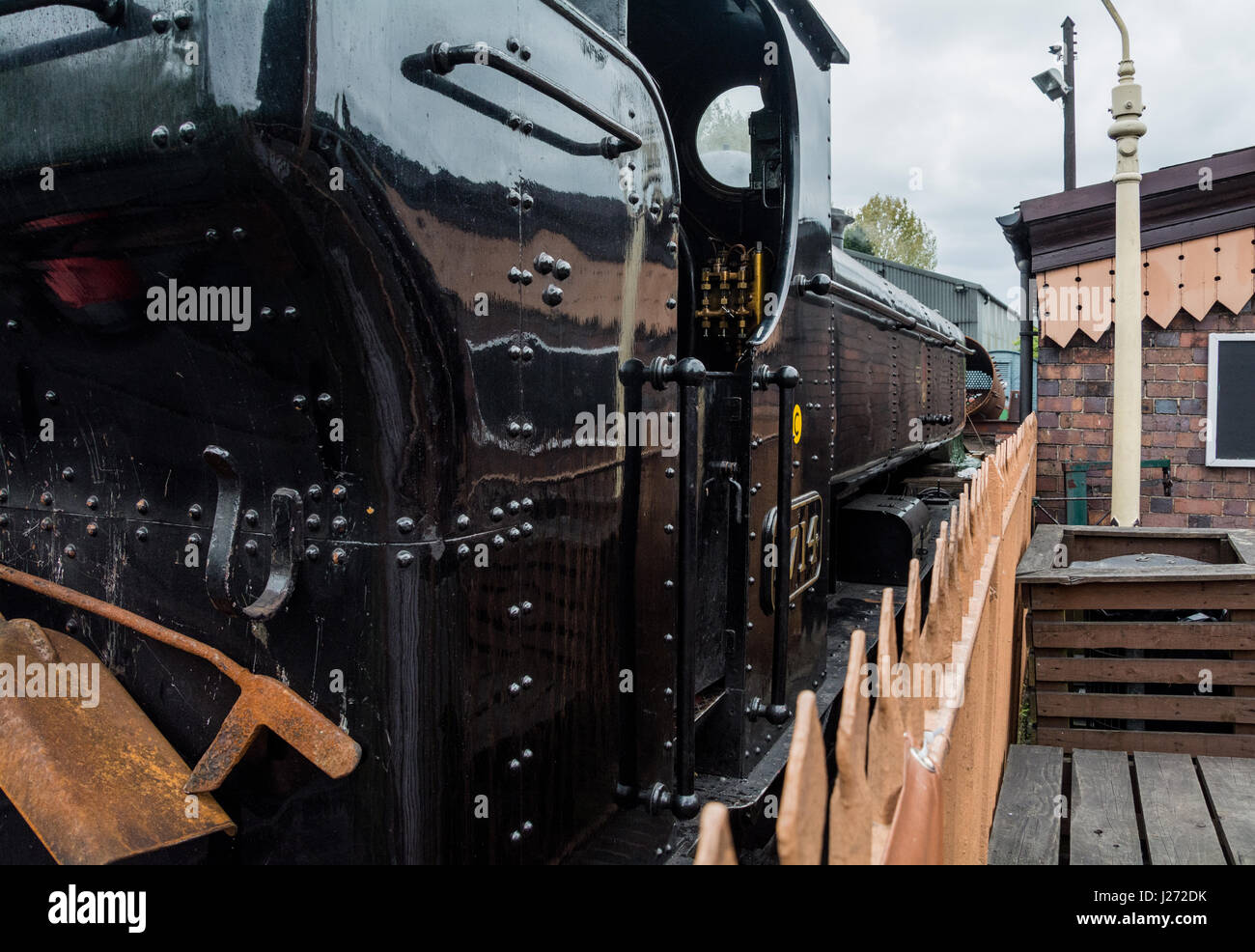 Close up of a black steam engine. Bridgnorth, Shropshire, West Midlands, UK. Severn Valley Railway. Stock Photo