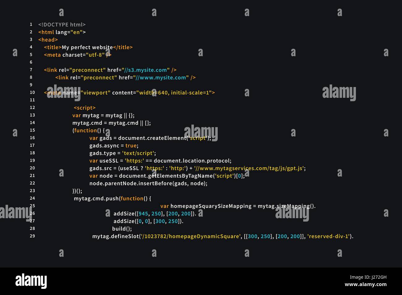 Simple Website HTML Code With Colourful Tags In Browser View On Dark 