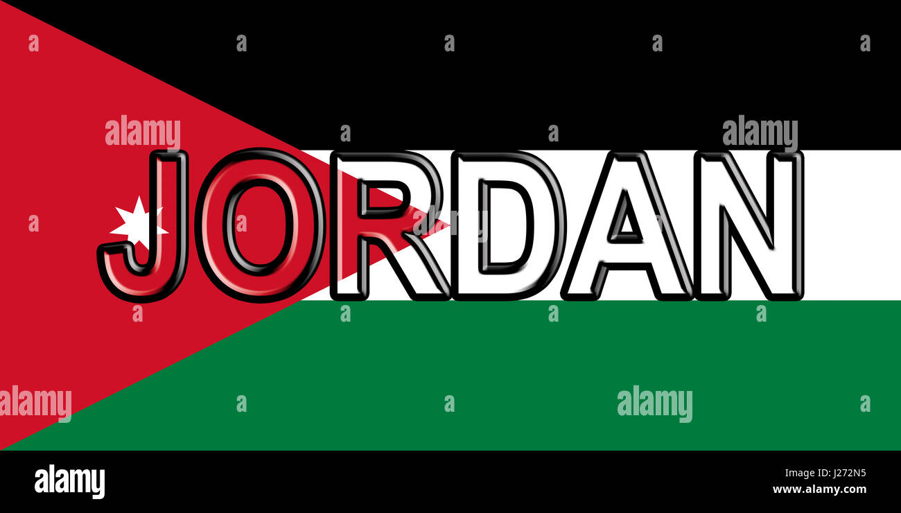 Illustration of the flag of Jordan with the country written on the flag. Stock Photo