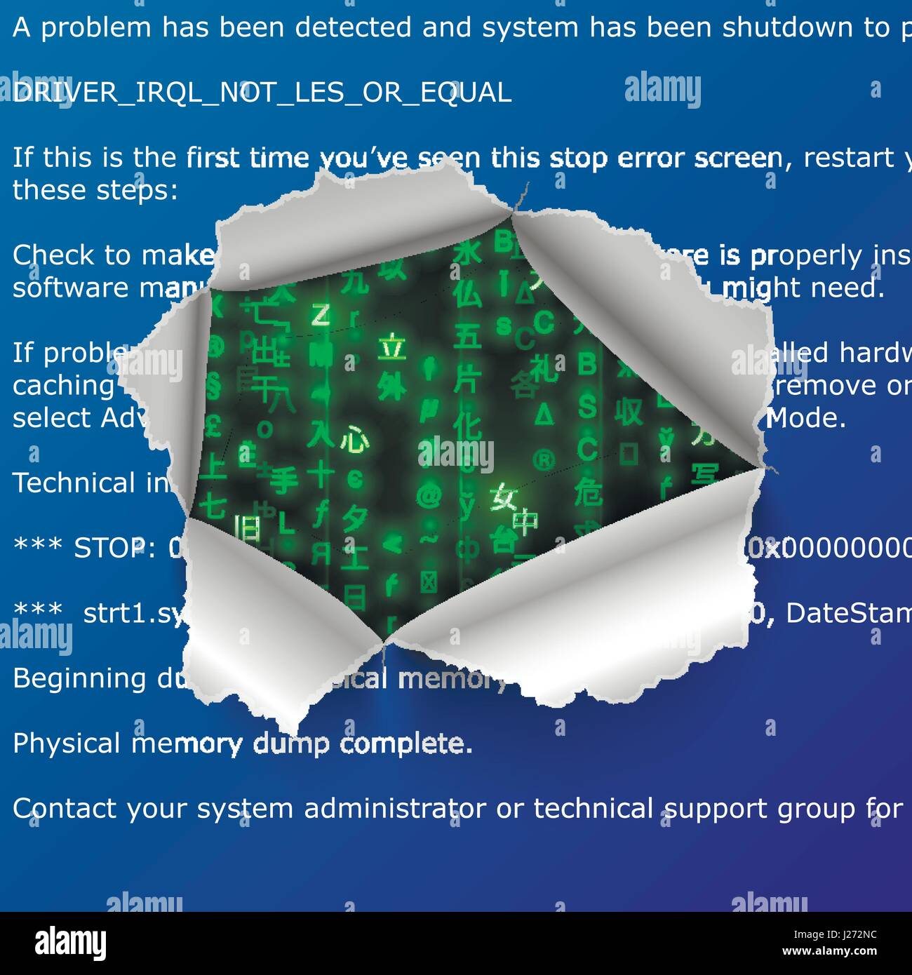 Torn hole in BSOD error text with green matrix code signs on background Stock Vector
