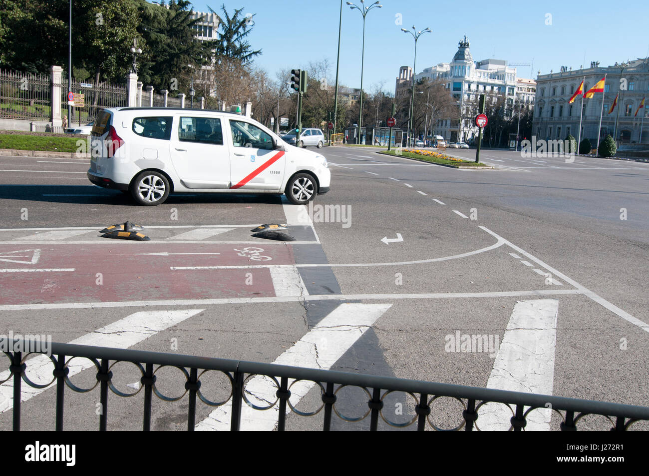 Bicycle lane in the centre of Madrid on Alcala Street Stock Photo