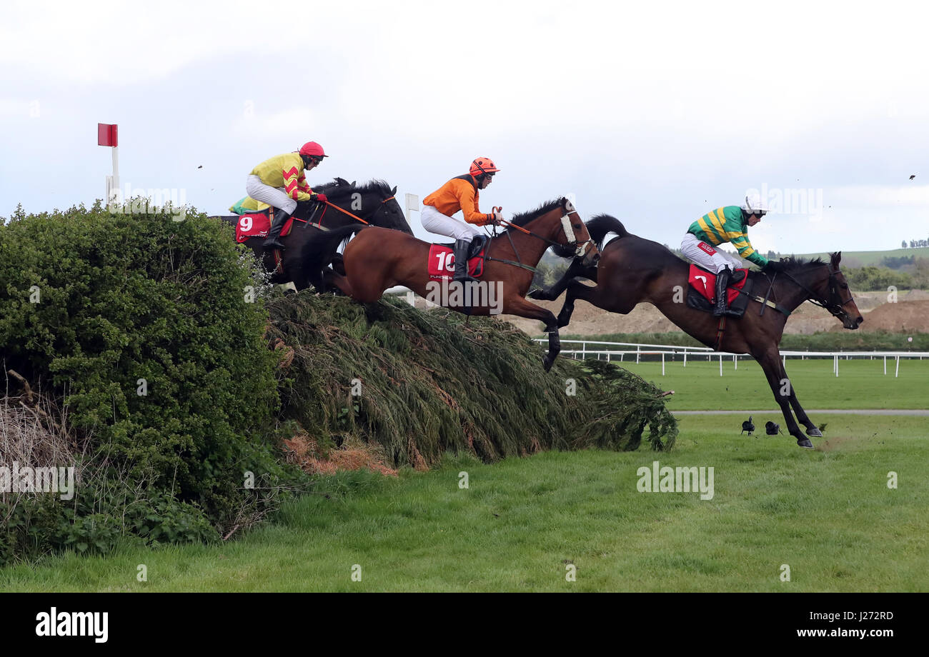 Runners and riders compete in the Kildare Hunt Club Father Sean Breen Memorial Chase For The Ladies Perpetual Cup during day one of the Punchestown Festival in Naas, Co. Kildare. Stock Photo