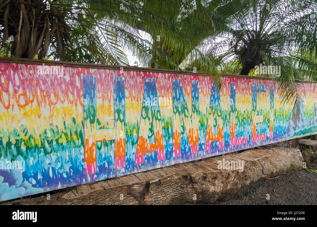Hanalei Kauai Hawaii colorful mural sign tile on wall North Shore Stock Photo