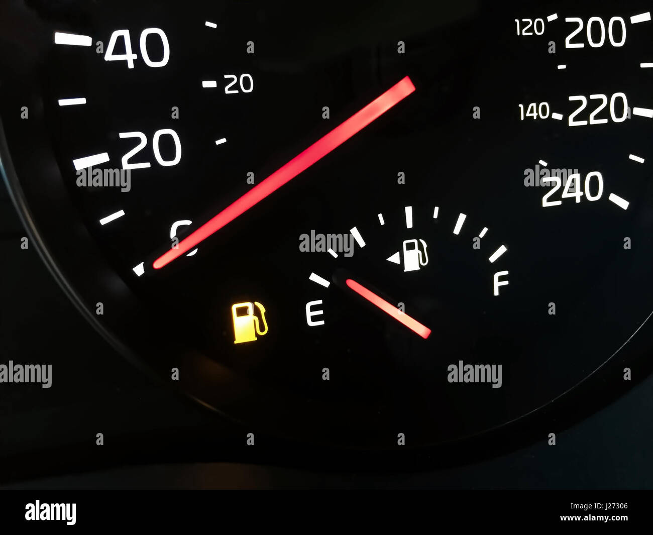 Close-up View of an Empty Fuel Gauge. Stock Photo