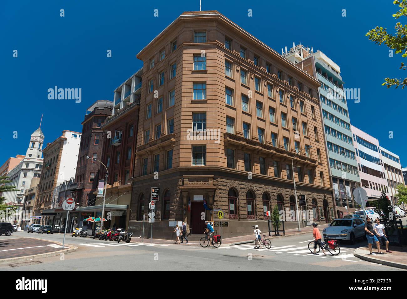 City centre, Newcastle, New South Wales, Australia. Corner of Hunter Street, foreground, and Bolton Street, right. Stock Photo