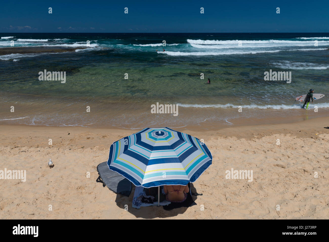Finding shade under a beach umbrella on the beach at Newcastle, New