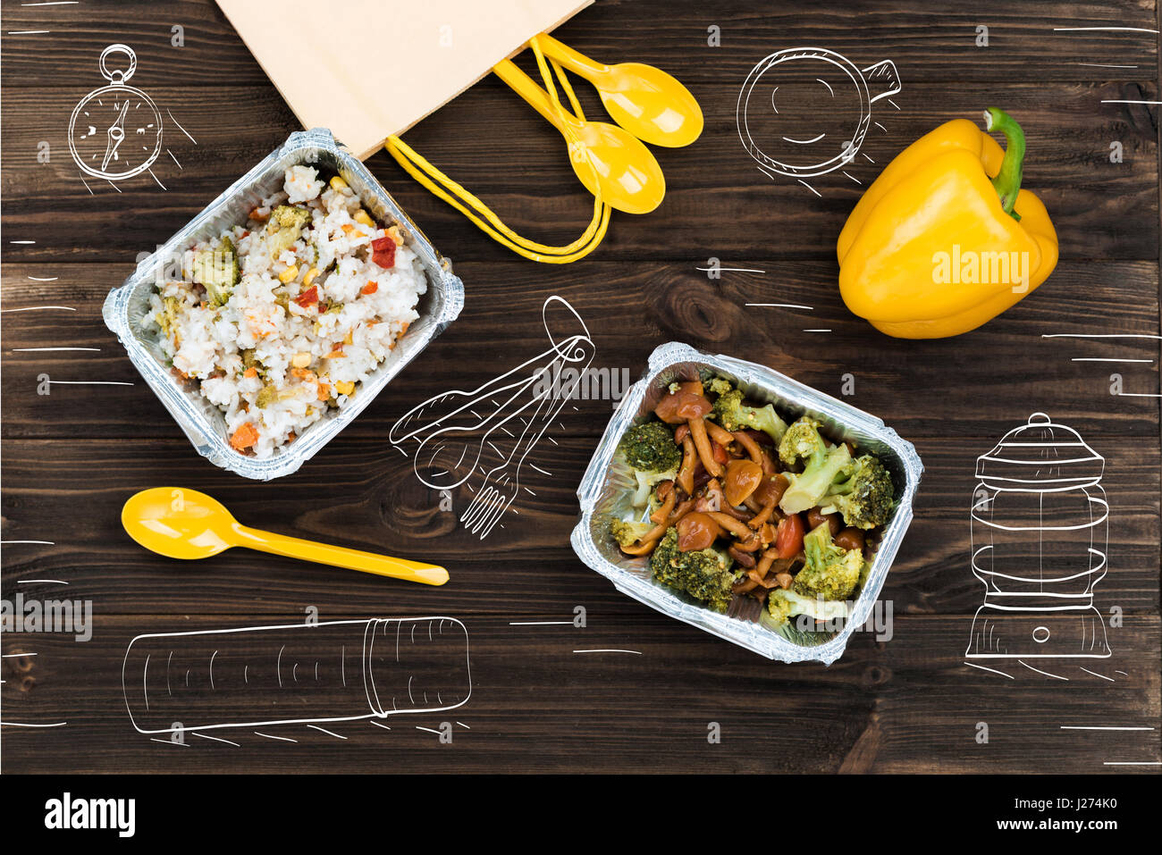 Top view of cooked food on wooden table Stock Photo Alamy