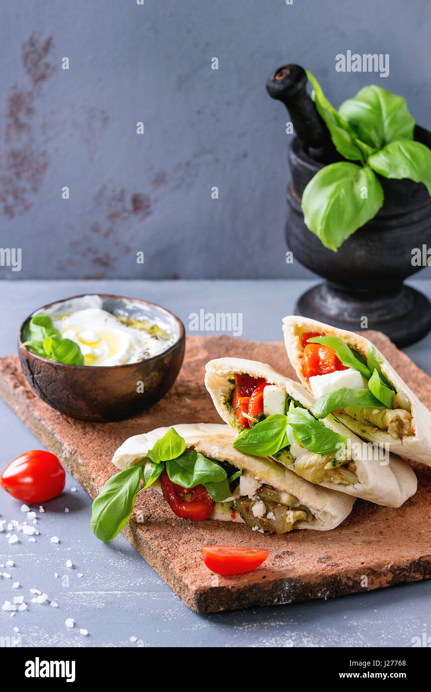 Pita bread sandwiches with grilled vegetables paprika, eggplant, tomato