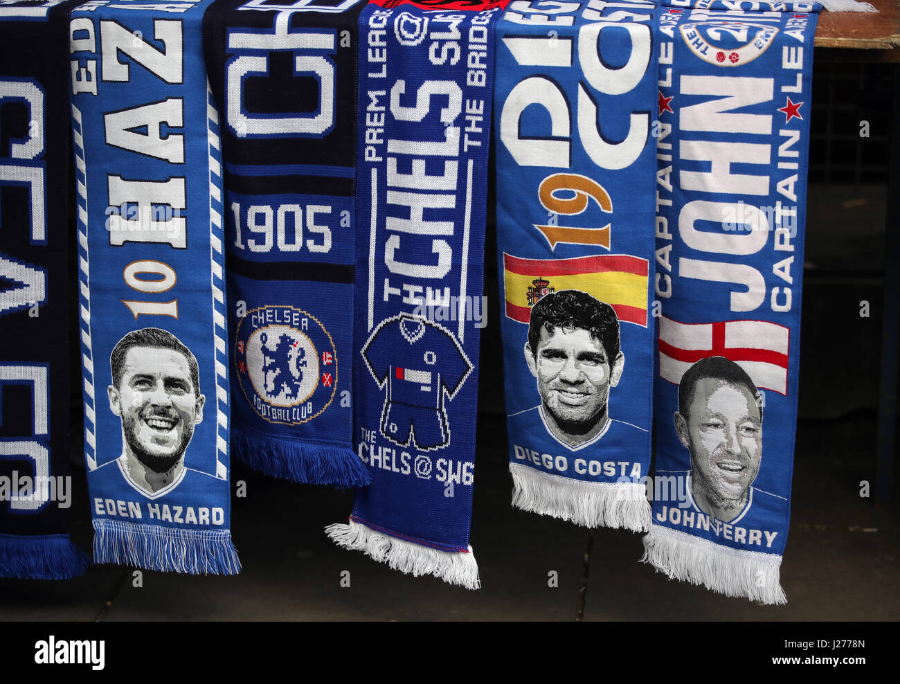 Chelsea scarves on sale before the Premier League match at Stamford Bridge, London. Stock Photo
