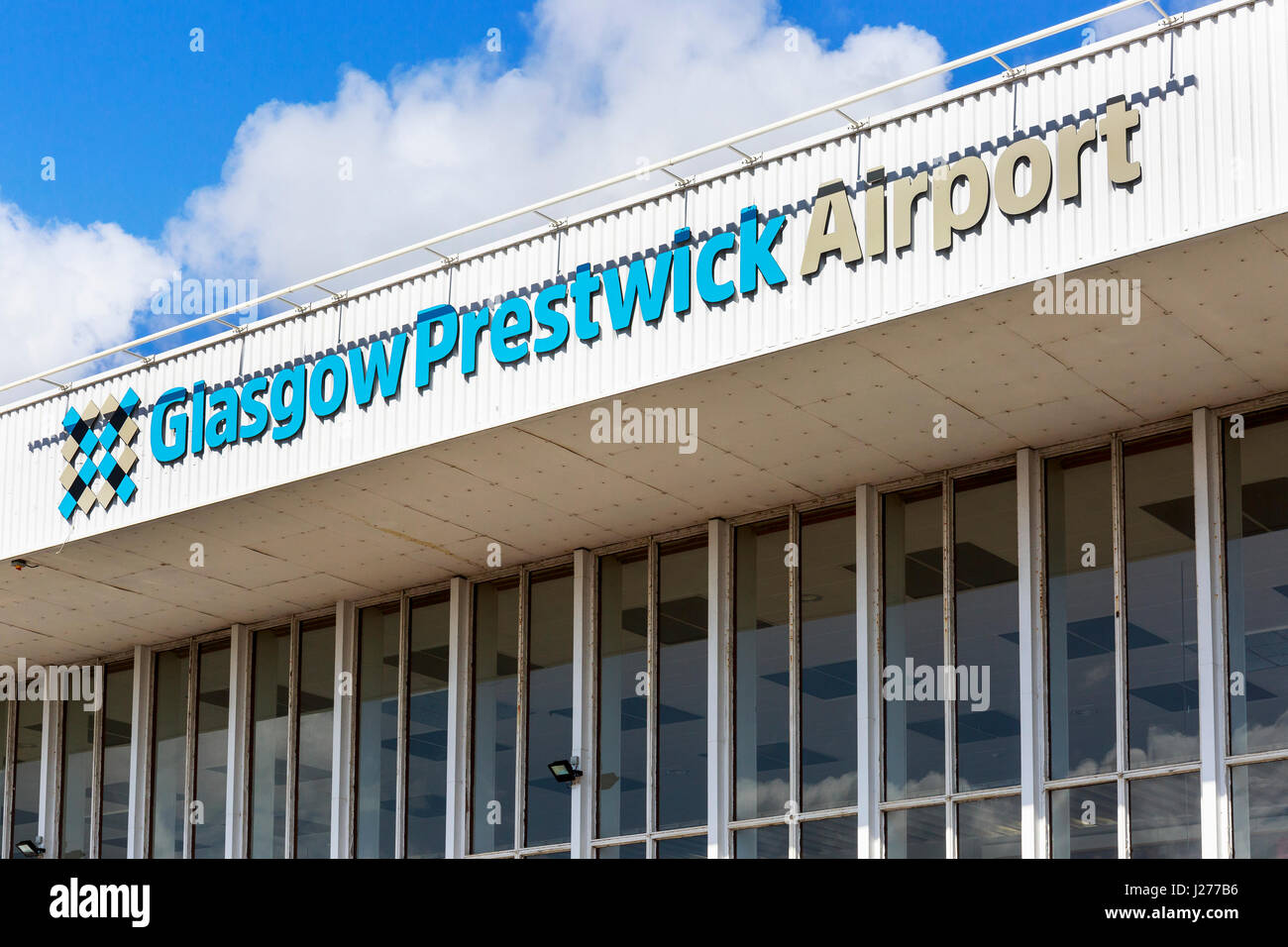 Entrance sign at Glasgow Prestwick Airport, Prestwick, Ayrshire, Scotland, UK. The airport was bought by the Scottish Government and has now been nati Stock Photo