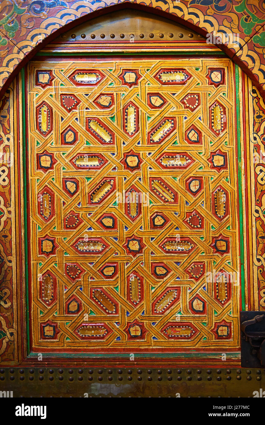 Traditional Berber designed painted door panels in the Mauseleum of Moulay Ismaïl Ibn Sharif , reigned 1672–1727. A UNESCO World Heritage Site .Meknes Stock Photo