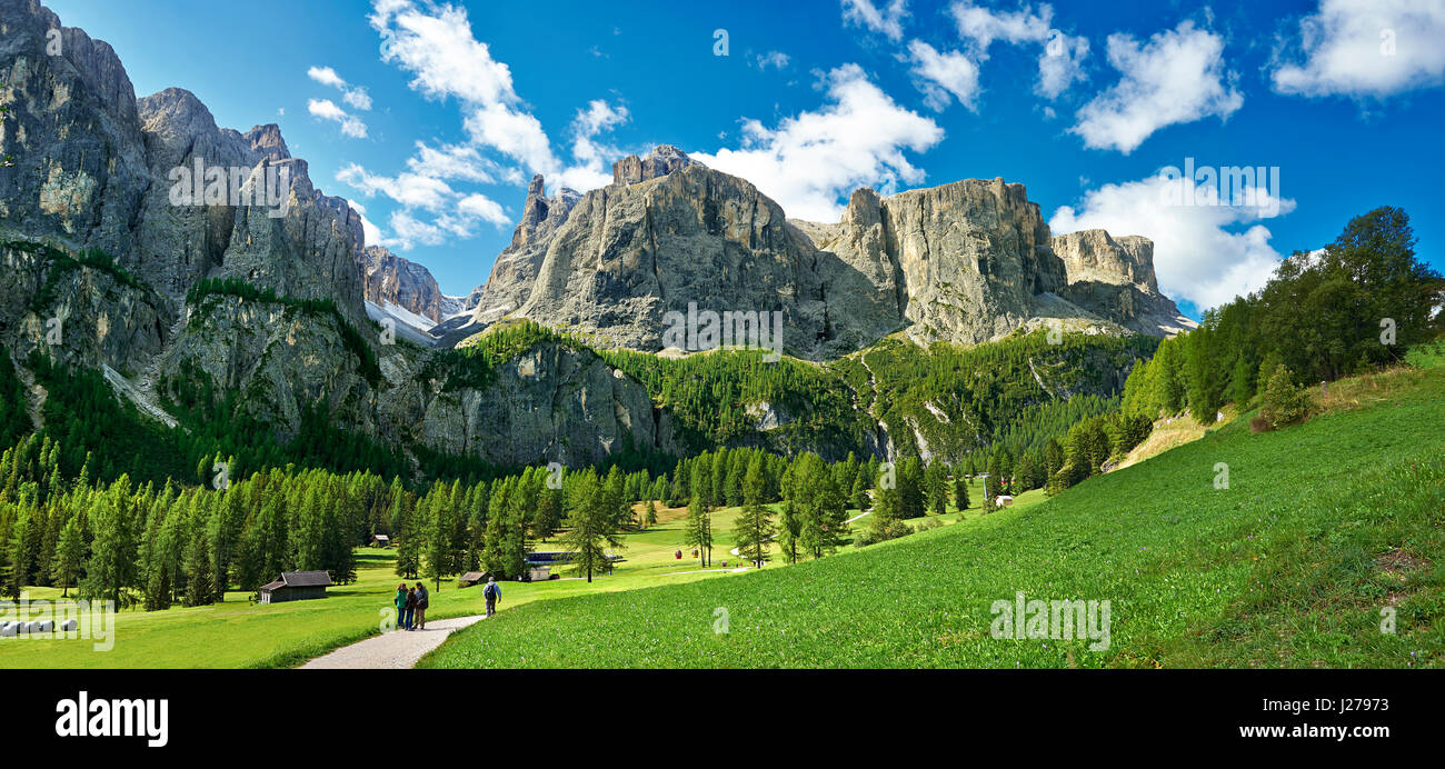 Mountains and pastures of the Sella plateau near Colfosco, 1,645 m (5,396 ft),  at the foot of the Sella group Dolomite mountains, Alta Badia, Italy Stock Photo