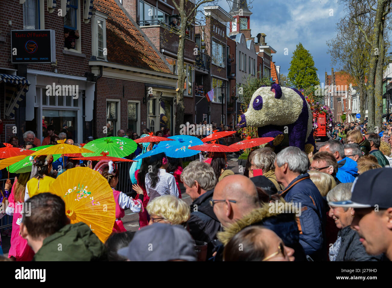 The annual Bloemencorso (Flower Parade) for 2017 was held in the bulb growing area of the Netherlands and showcased a variety of flowers Stock Photo