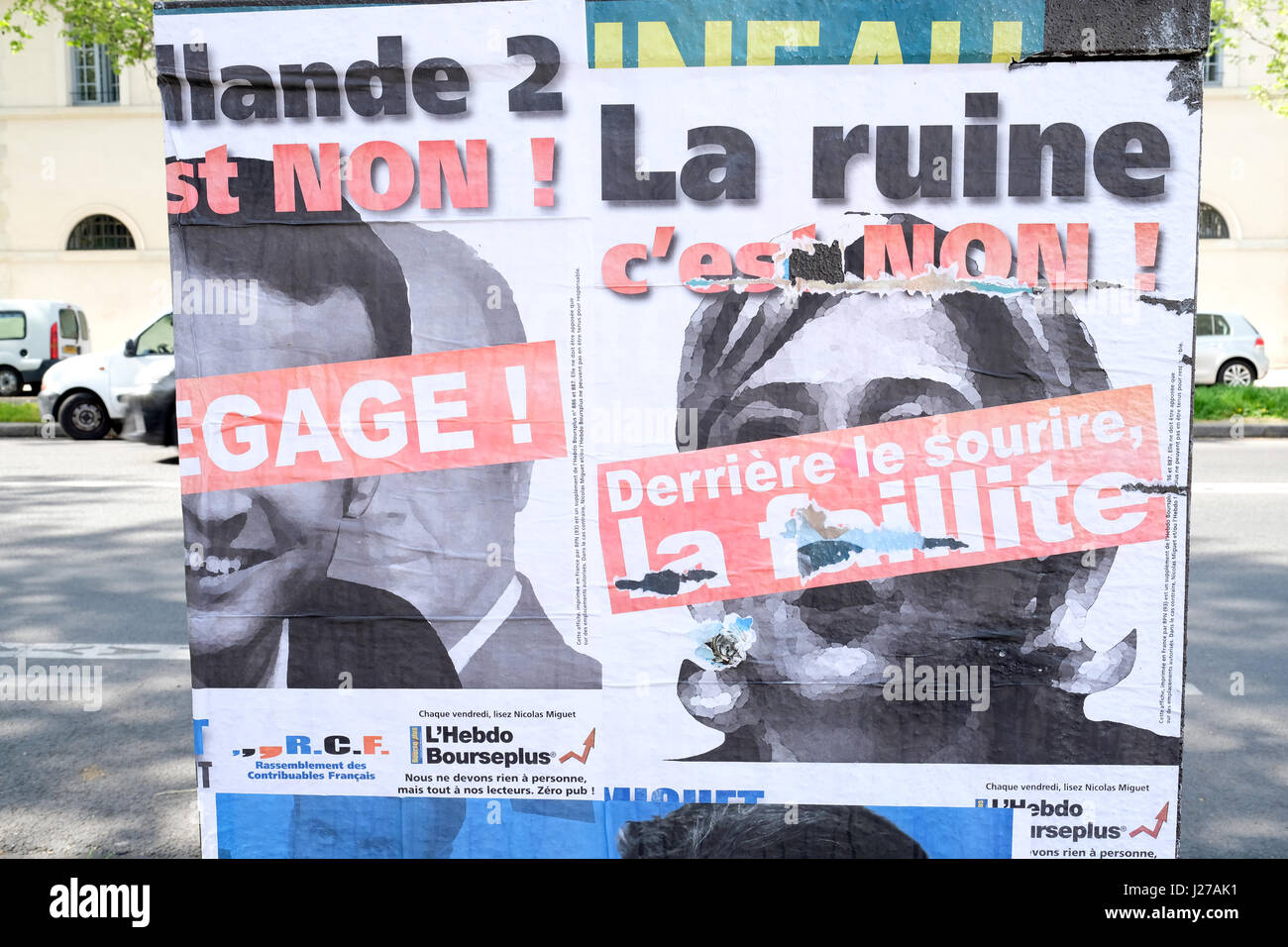 Street posters of 2017 French presidential election candidates Marine Le Pen and Emmanuel Macron Stock Photo