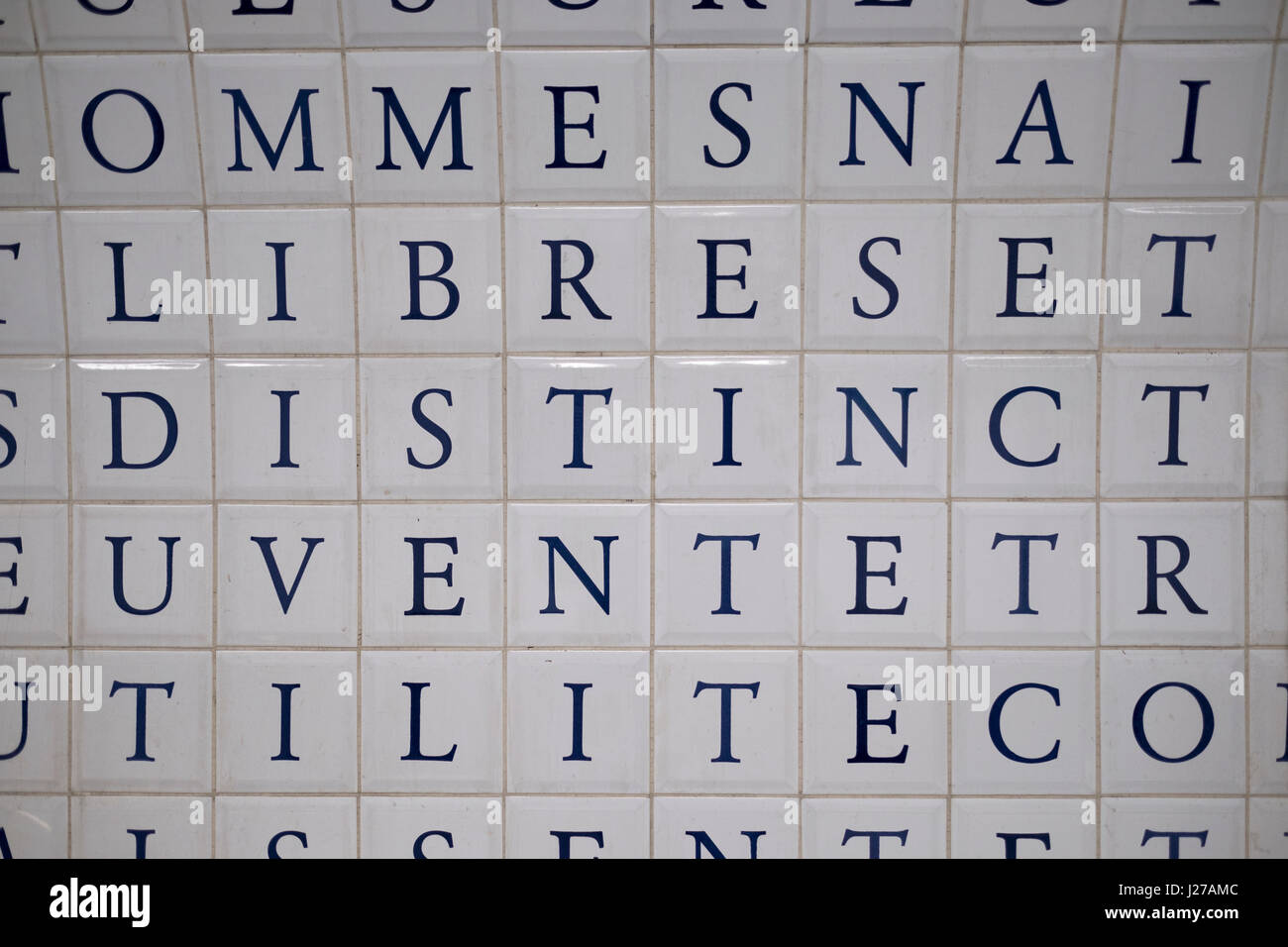 Words constructed from the letter tiles at the Place de la Concorde station in Paris, France. Stock Photo