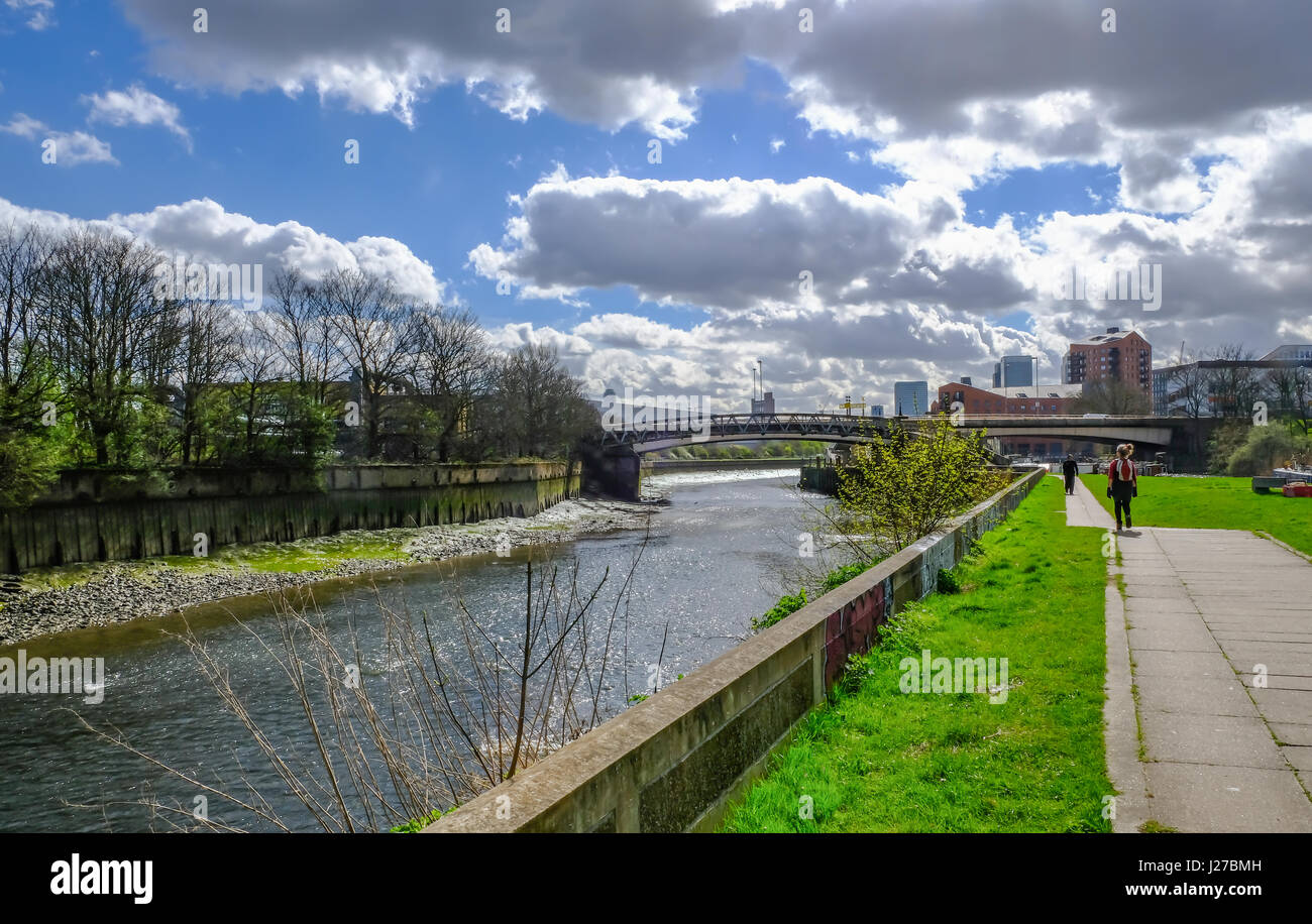 Walking beside the River Lea at Bow,  East London in Springtime. Stock Photo