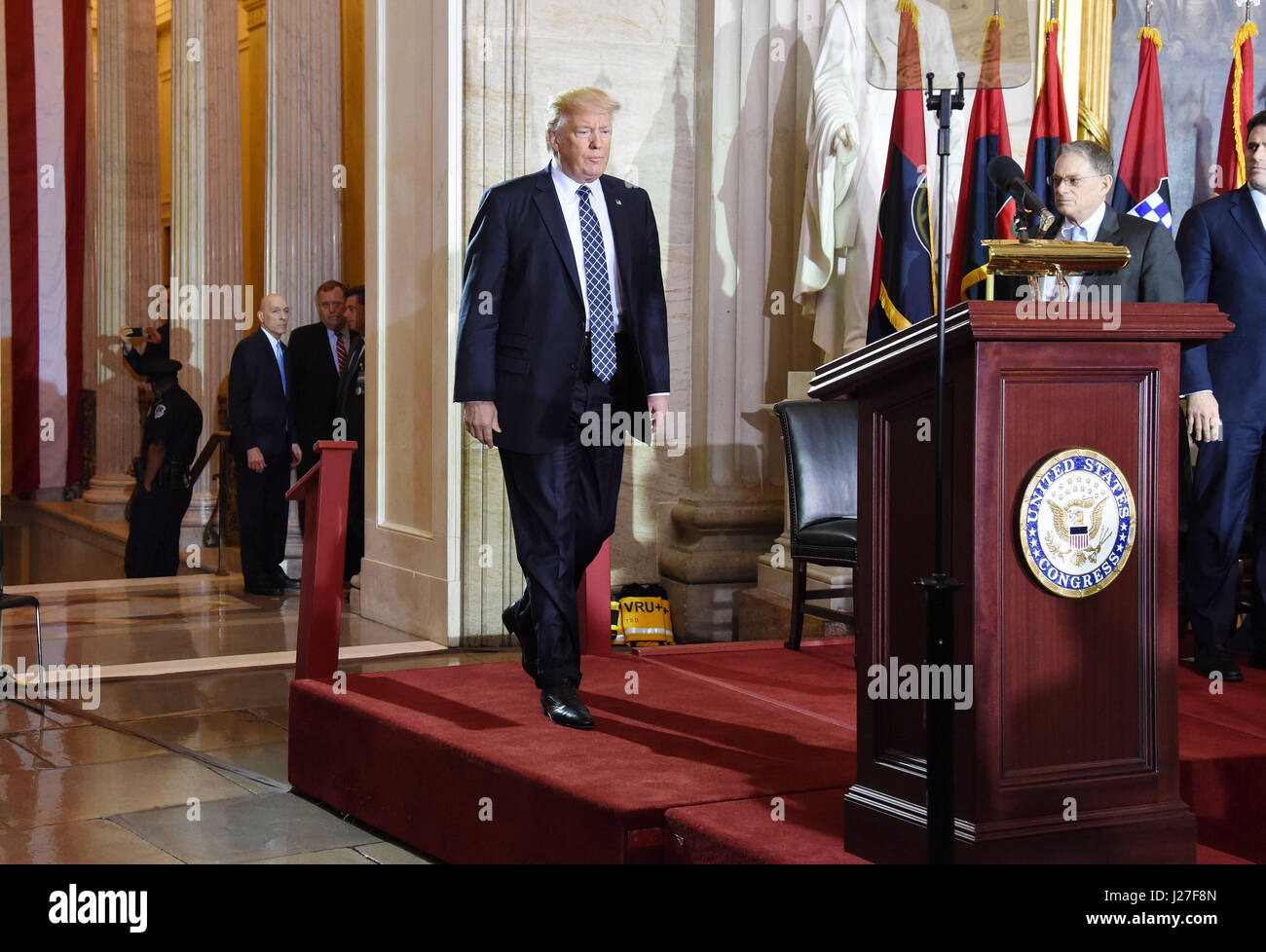 United States President Donald J. Trump arrives to make remarks at the ...