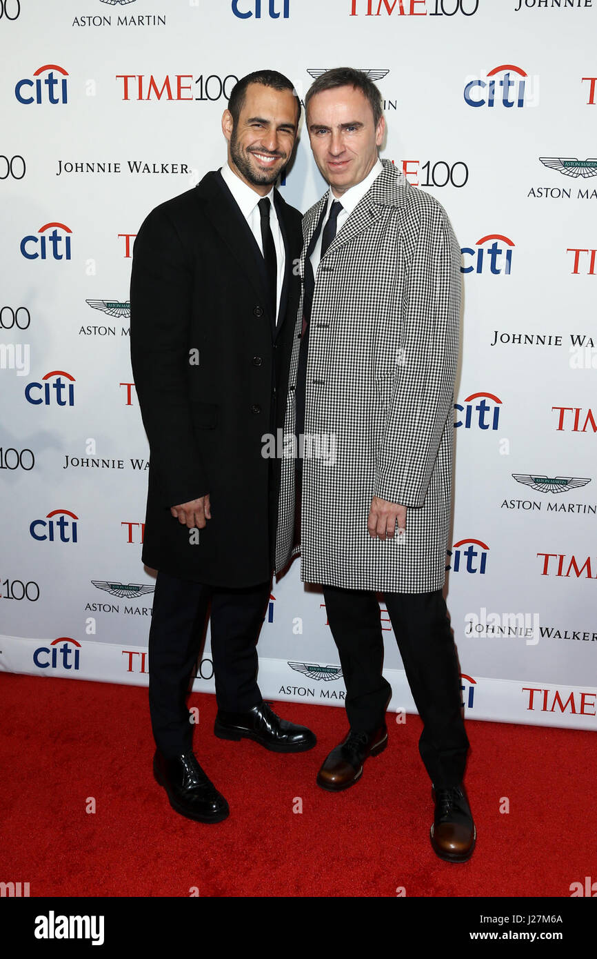 New York, USA. 25th April, 2017. Jean Georges d'Orazio (L) and Belgian  fashion designer Raf Simons attend the Time 100 Gala at Frederick P. Rose  Hall on April 25, 2017 in New