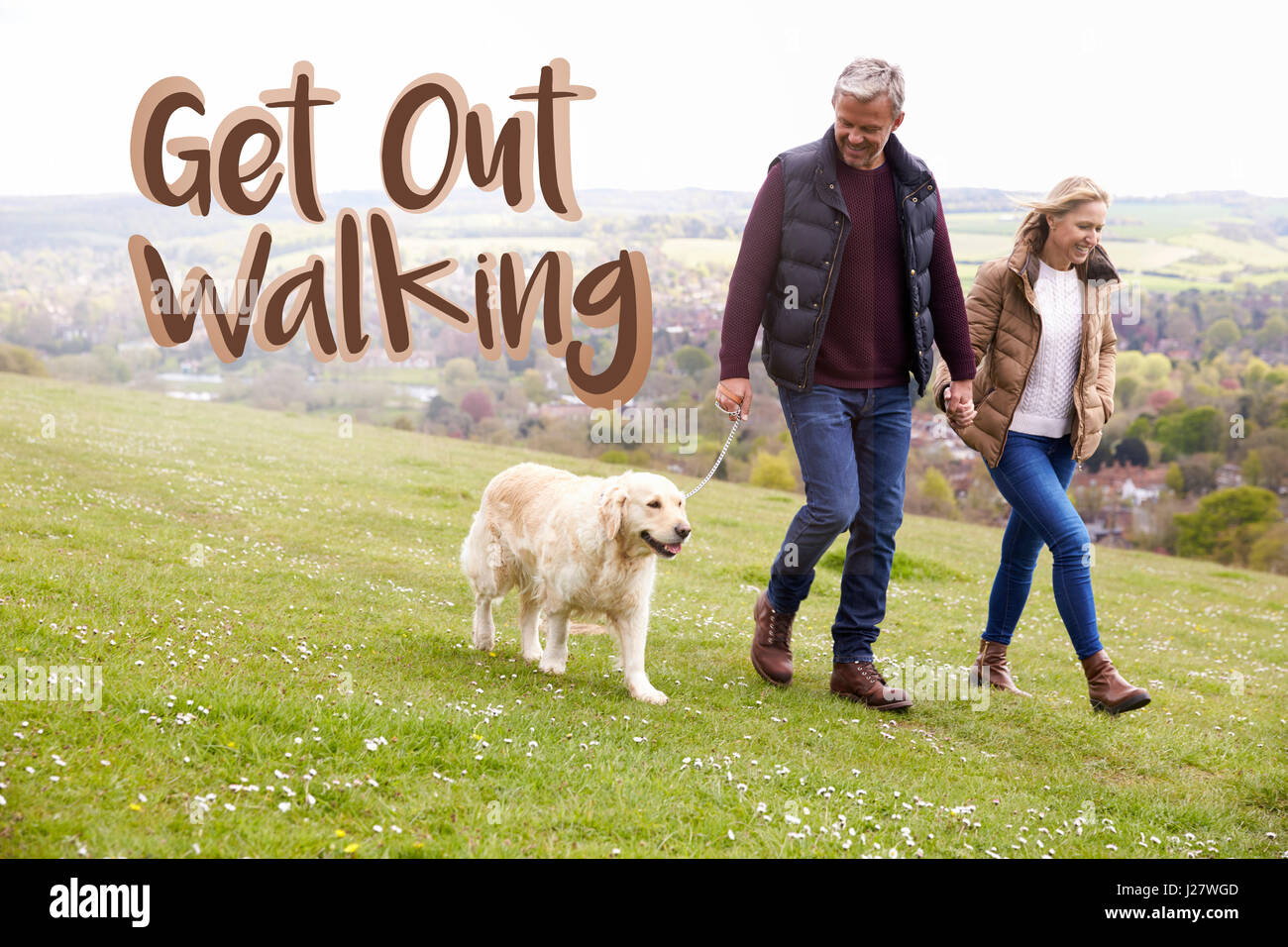 Get Out Walking Couple Taking Dog For Walk Stock Photo