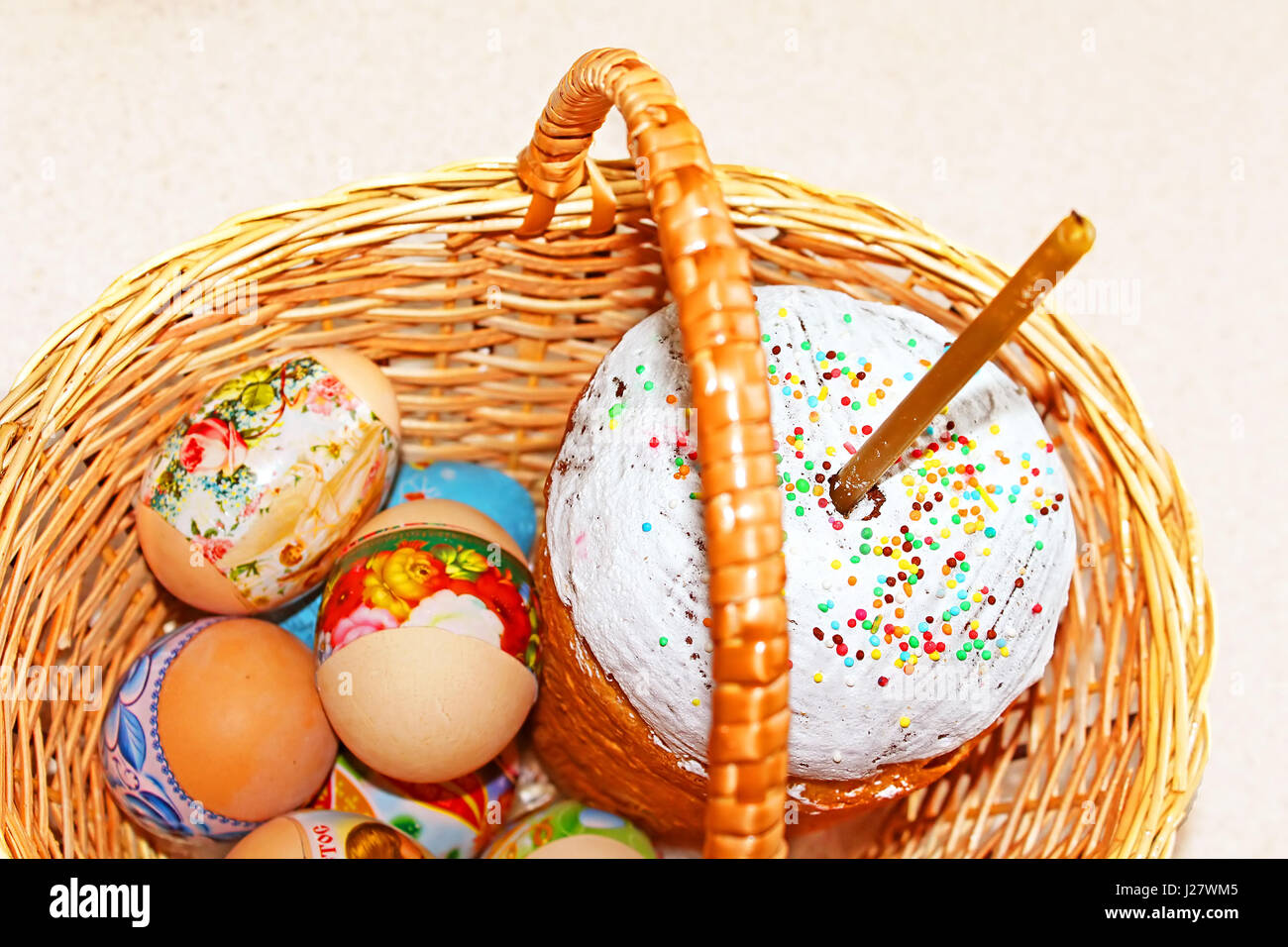 Traditional easter basket with cake kulich Ukrainian style and colored