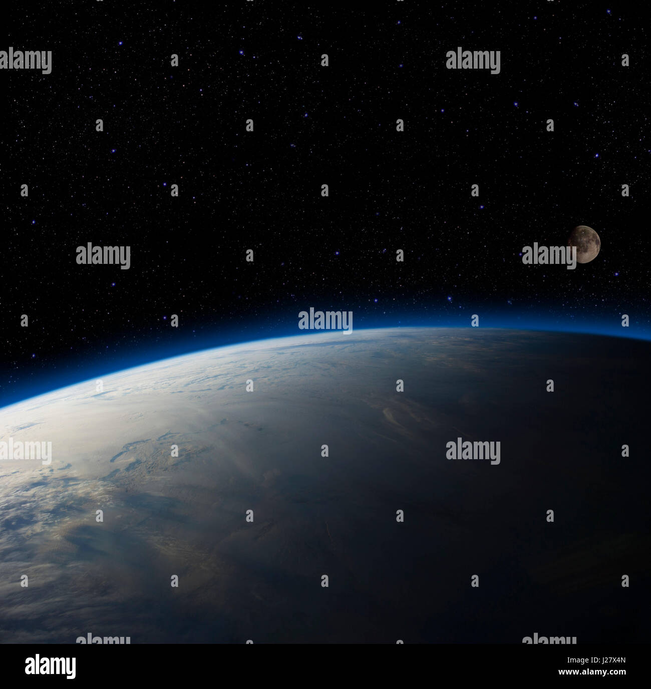 Earth overlooking the moon.  Galaxy space filled with stars. Elements of this image furnished by NASA. Stock Photo